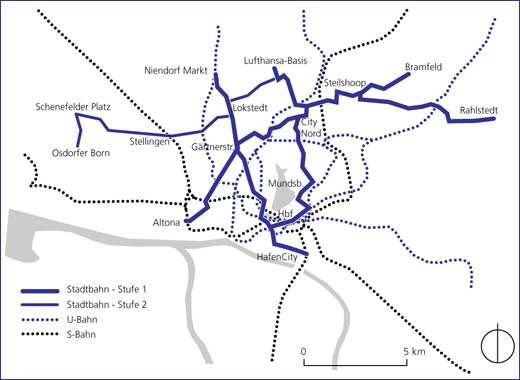Das im Jahr 2000 vorgesehene und in den Verkehrsentwicklungsplan übernommene Stadtbahnnetz für Hamburg